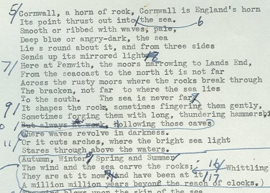 Detail of script by Jacquetta Hawkes for Figures in a Landscape, a film about sculptor Barbara Hepworth (HAW 4/8/6) Detail of script by Jacquetta Hawkes for Figures in a Landscape, a film about sculptor Barbara Hepworth (HAW 4/8/6)